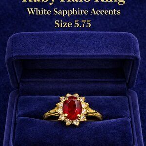 Gold Plated Silver Ruby Halo Ring White Sapphire Accents Size 5.75